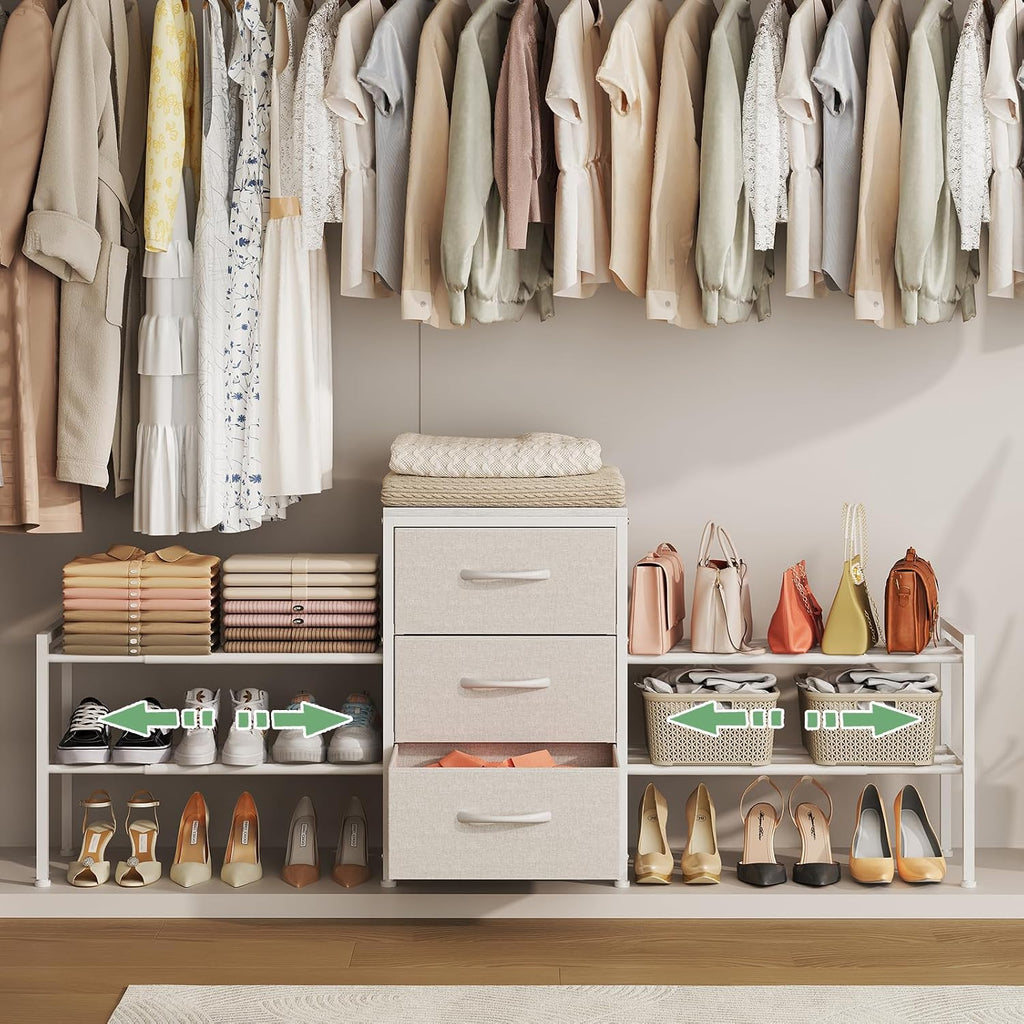 Cidaziya Expandable Closet Organizers and Storage, White Fabric Storage Dresser, 3 Drawer Dresser, Clothes Shelves for Kids, Purse Organizer Small Shoe Rack for Closet Bedroom Dorm(31.29~43.42 in)