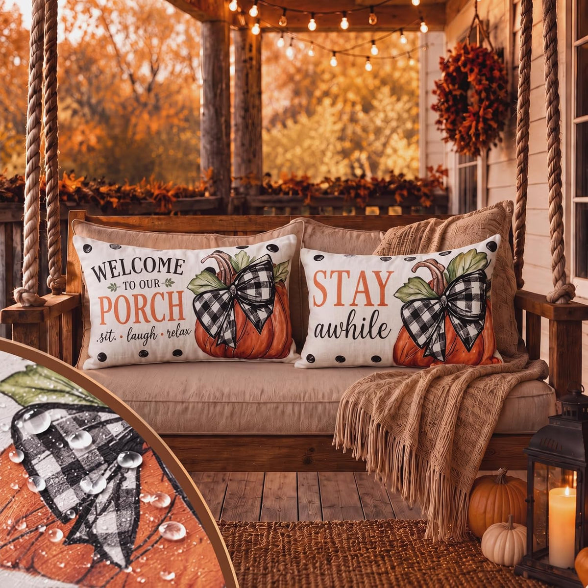 Irenare 2 Pack Fall Pumpkin Pillow Covers 12x20 Outdoor Rustic Porch Decor