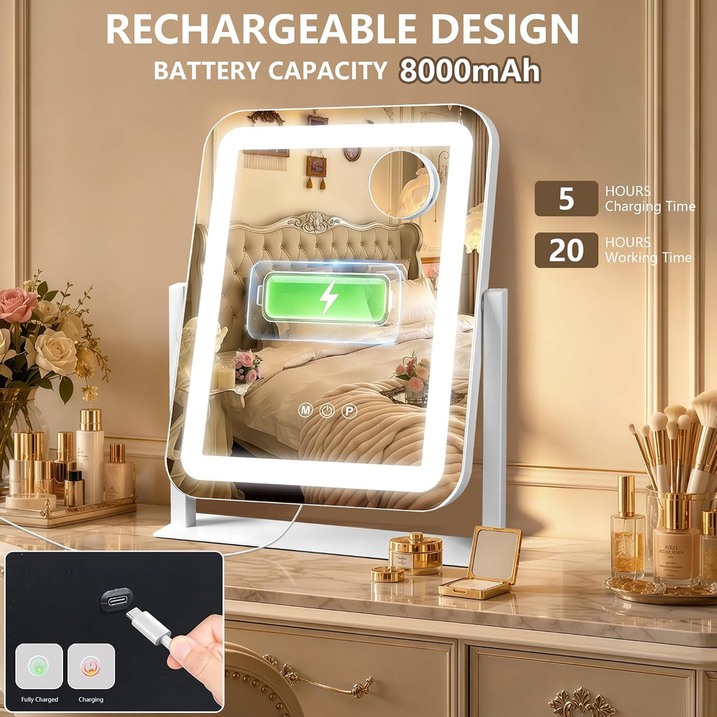 Ratsamee Rechargeable Vanity Mirror, 8000mAh 13"×15" Makeup Mirror