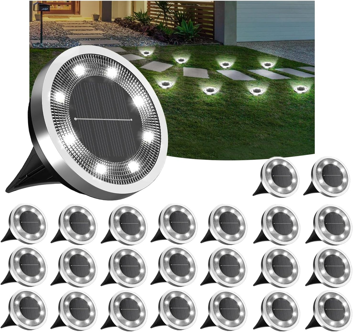 INCX 24Pack Solar Ground Lights Outdoor, 8 LED, IP65 Waterproof, Cold White