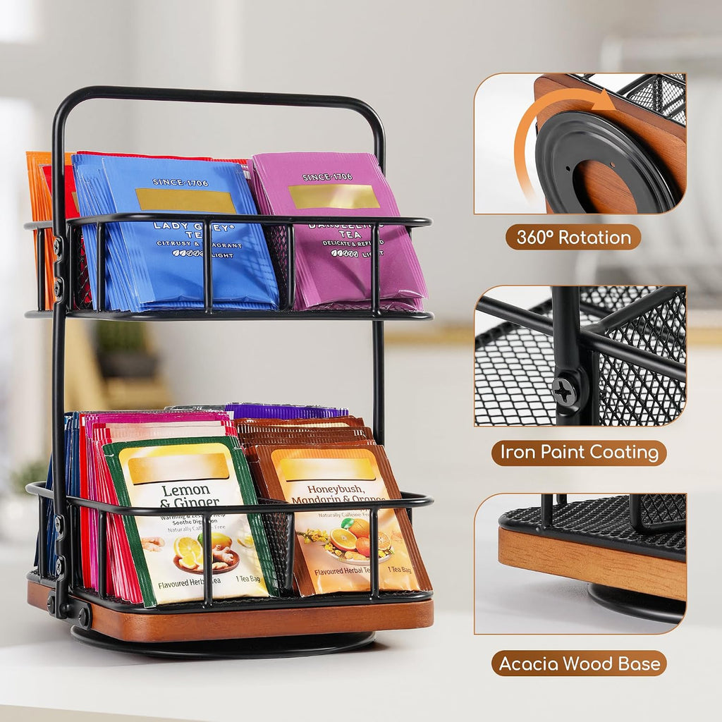 Rotating 2 Tier Tea Bag Organizer, 360° Spinning Teabag Organizer