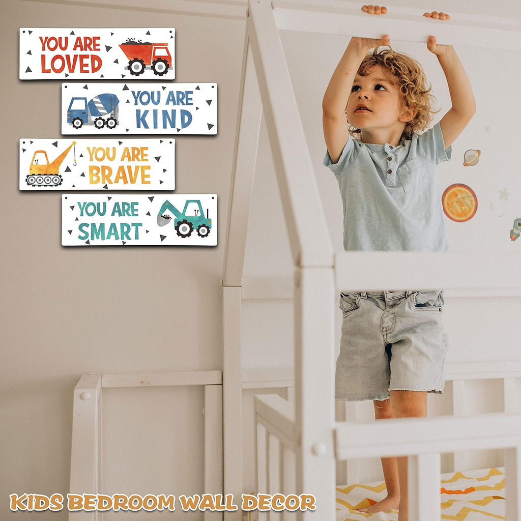 ISOVF 4 Pieces Construction Vehicles Decor Kids Room Wall Decor Wooden Sign