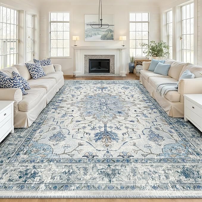 Area Rugs 10'x14' Washable Non-Slip, Floral Vintage Distress Print Pattern by RELEANY