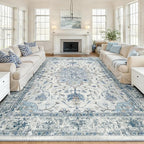 Area Rugs 10'x12' Washable Non-Slip, Floral Vintage Distress Print Pattern by RELEANY