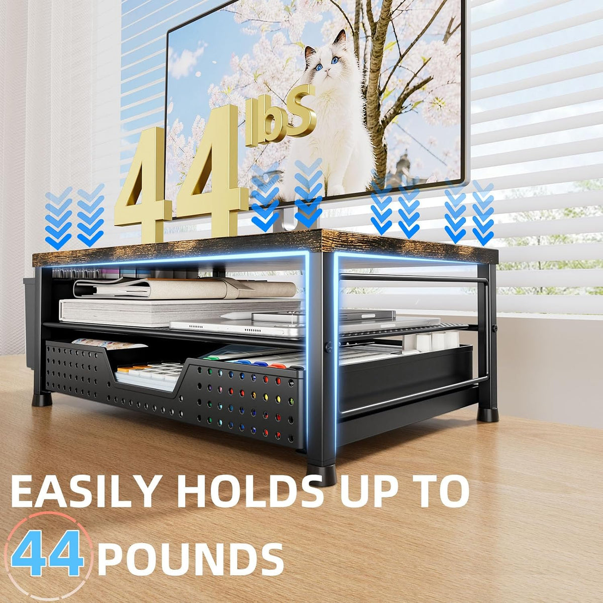 Monitor Stand Riser with Plastic Drawer and Two Pen Holders, Dark Wood Top
