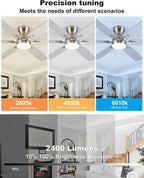 Coolwind 52 Inch Silver Low Profile Ceiling Fan with Light, 6 Speeds 3 Color Temperatures Led Outdoor Ceiling Fans for Bedroom