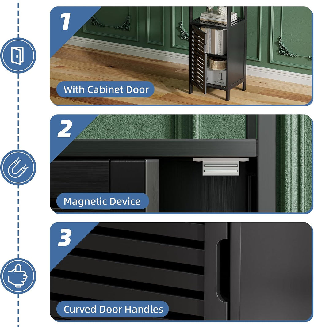 HITNET Bamboo Floor Cabinet, Small Bathroom Cabinet Floor Standing, 4 Tier Narrow Side Storage Cabinet, Space Saving Kitchen Cupboard with Single Door, Black