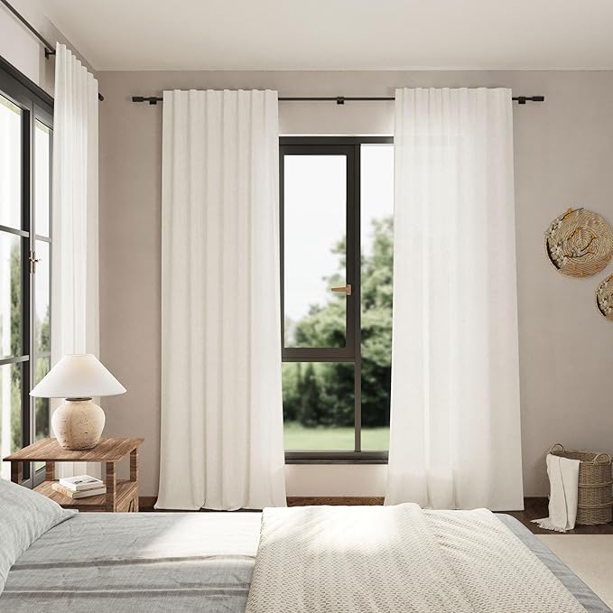 Nanspring Beige White Linen Curtains 96 Inches Long 2 Panels Set - Image 7