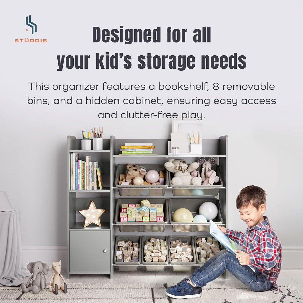 Sturdis Toy Storage Organizer with Bookshelf, Kids Playroom Organization Shelving Unit with Removable Storage Bins & Safety Anti-Tip Bracket, Gray