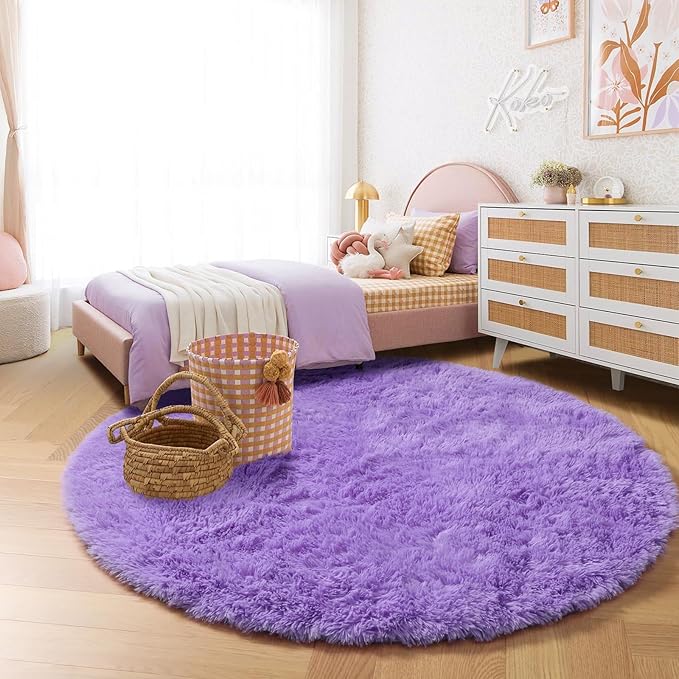 Amdrebio Purple Round Rugs 4Ft for Girls Bedroom Decor Aesthetic, Fluffy Fuzzy - Image 7