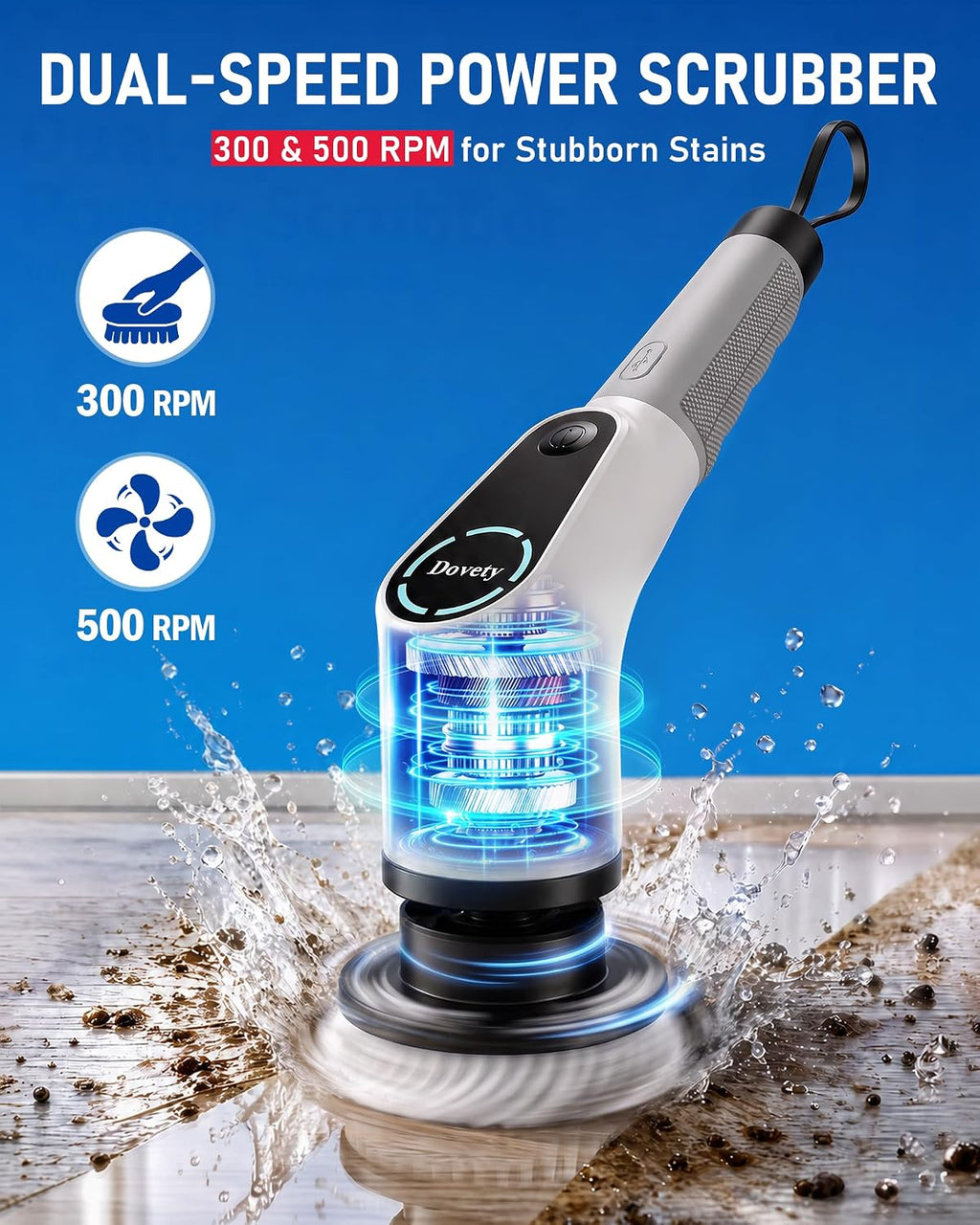 Dovety Electric Spin Scrubber, Extendable Handle, 8 Brush Heads-WH
