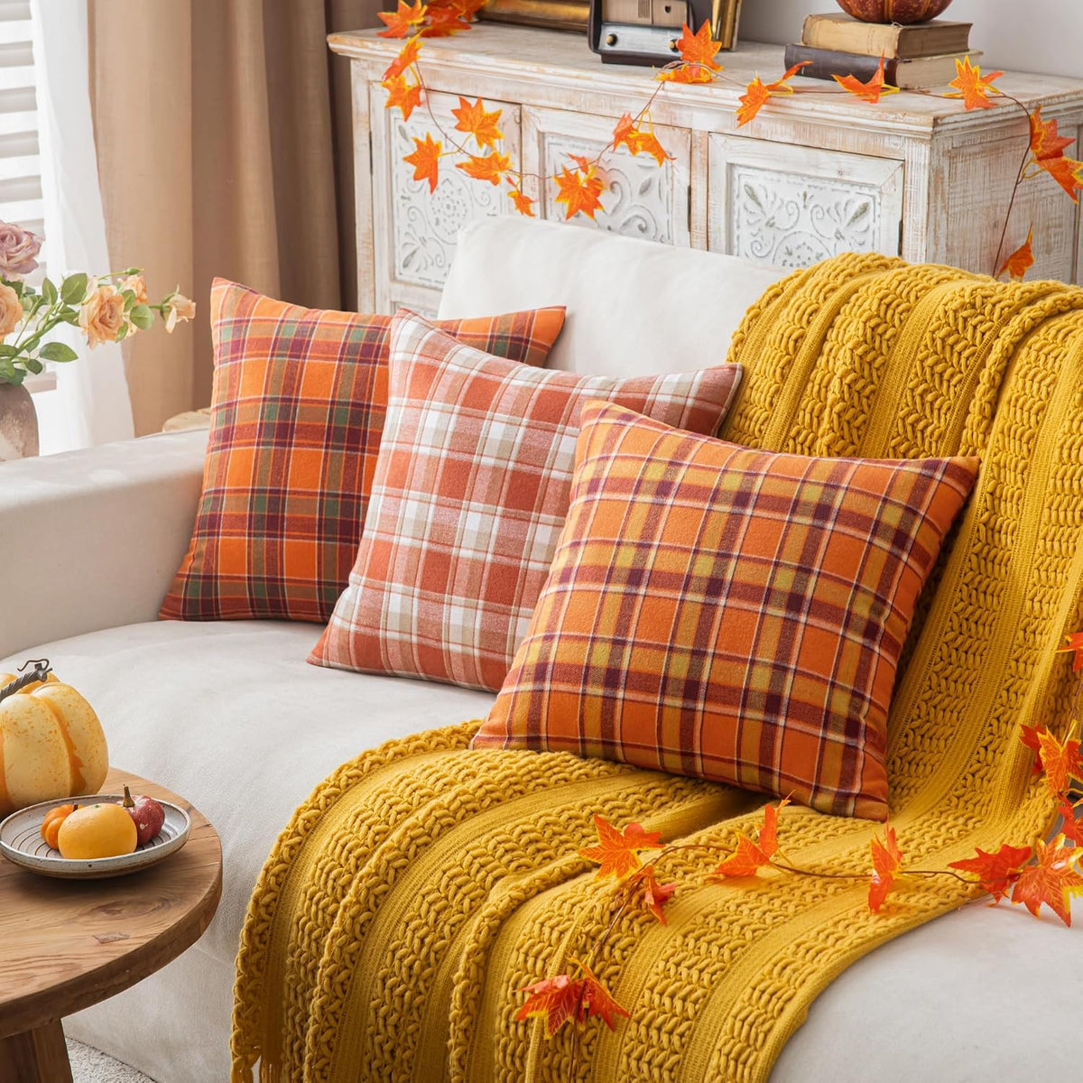 AQOTHES Fall Plaid Orange Light Throw Pillow Covers 18x18 Inch Set of 2
