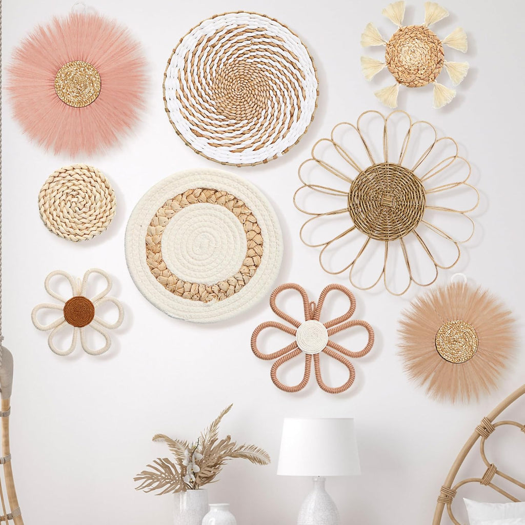 Chunful 9 Pcs Boho Nursery Wall Decor Daisy Flower Basket Decor, Pink Brown