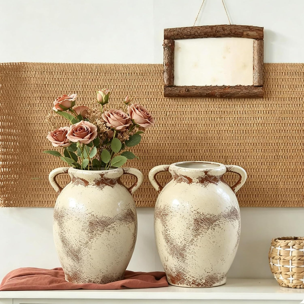 Set of 2 Distressed Ceramic Vase Rustic Farmhouse Dual Handles
