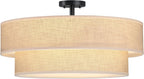 2 Tier 21" Black Semi-Flush Mount Light Cream Fabric Drum Shade