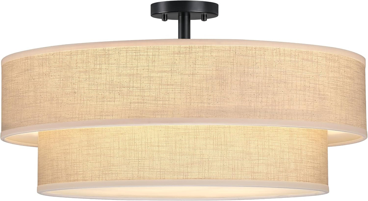 2 Tier 21" Black Semi-Flush Mount Light Cream Fabric Drum Shade