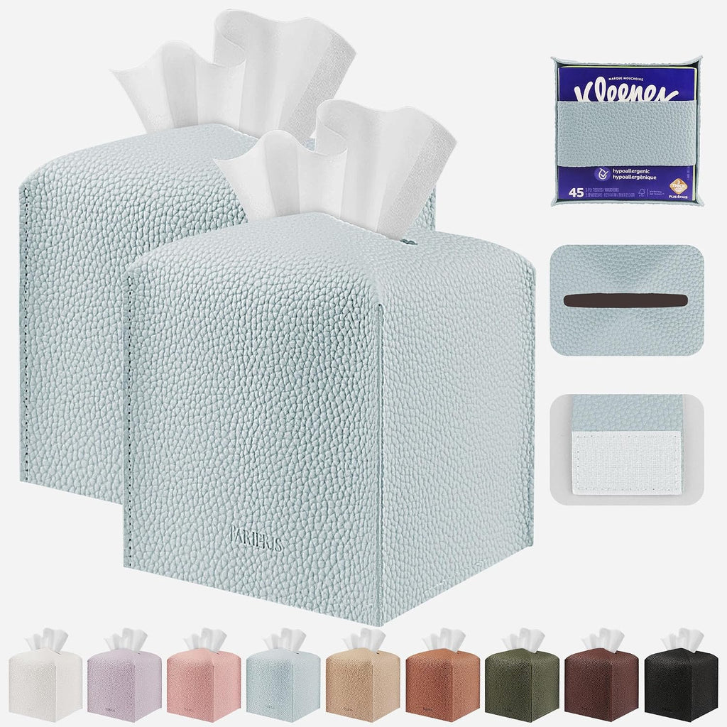 Tissue Box Cover Holder Square Tissue Cube Cover PU Leather Tissue Organizer with Bottom Belt for Bathroom, Tabletop, Car, Night Stands, Office, Home, Kitchen (2, Off White)