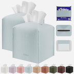 Tissue Box Cover Holder Square Tissue Cube Cover PU Leather Tissue Organizer with Bottom Belt for Bathroom, Tabletop, Car, Night Stands, Office, Home, Kitchen (2, Off White)