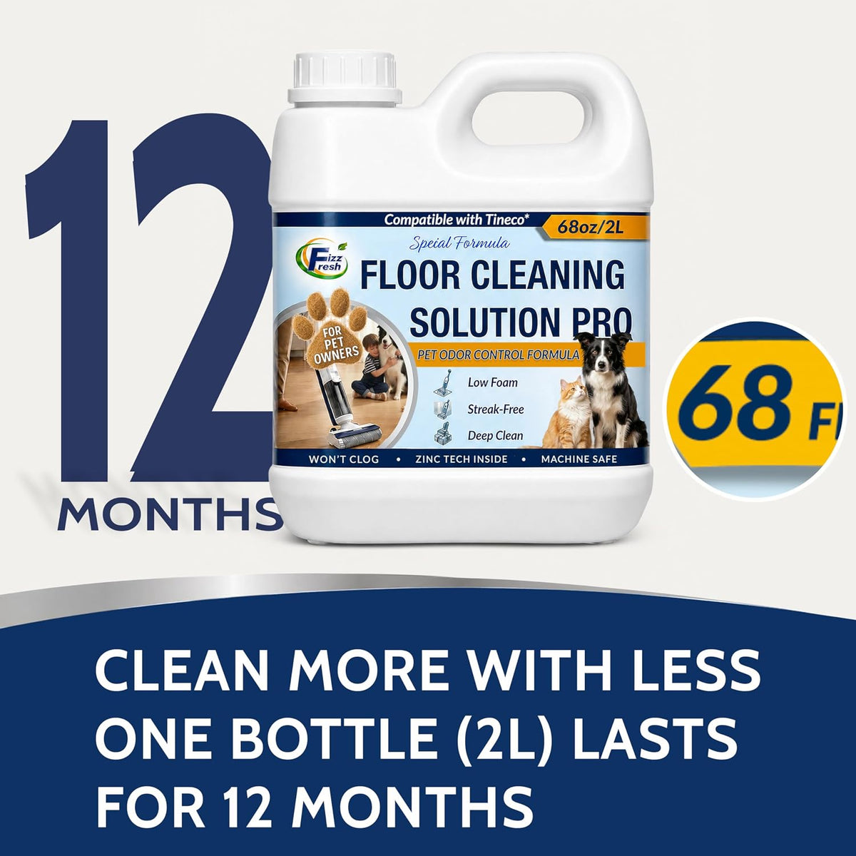 Floor Cleaning Solution Refill Compatible with Tineco, 68 fl oz Unscented, Pet Urine Odor, Robot Vacuum Mop, Cordless Wet/Dry Vacuum Mop, iFLOOR Series, FLOOR ONE S3/S5/S6/S7/S9
