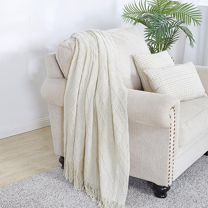BOURINA Beige Throw Blanket 50 x90 Inches Throw Textured Solid Soft Sofa Throw - Image 4