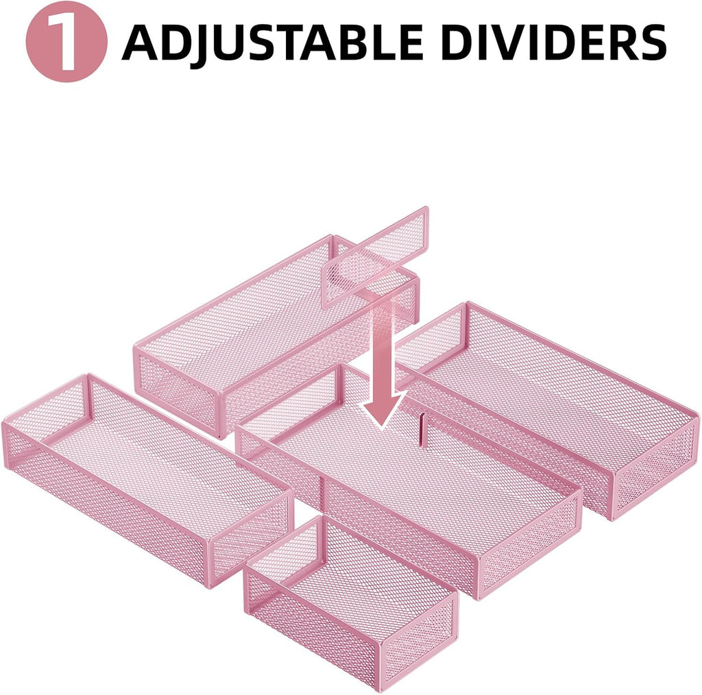 Marbrasse 5 Pack Desk Drawer Organizer Set, Mesh Drawer Storage Trays with 1 Adjustable Divider, Desk Organizers and Accessories, 5 PCS Drawer for Office Supplies, Makeup & Vanity (Pink)