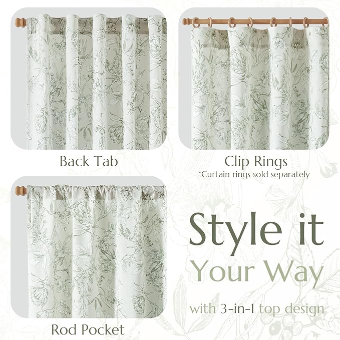 jinchan Floral Curtains 63 Inch Length Sage Green Flower Linen Farmhouse Curtain - Image 5