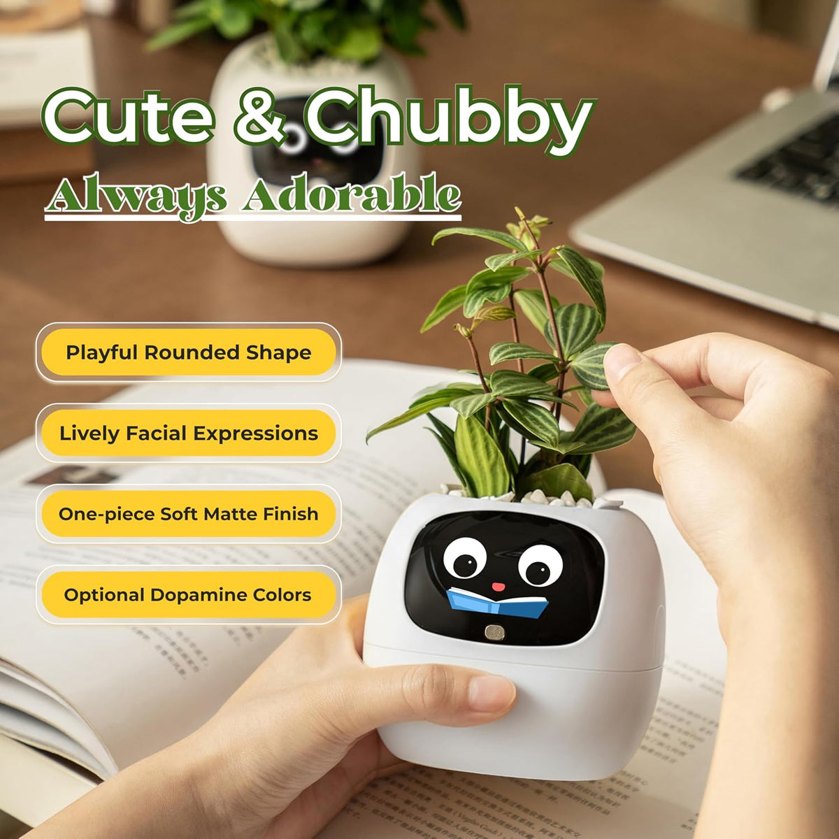 Ivy AI Smart Planter Intelligent Flower Pot for Home Decoration Plants Companion Neat Desk Setup Gift Pet Planter Robot Guidance on Plant Care with Emojis (Cream)