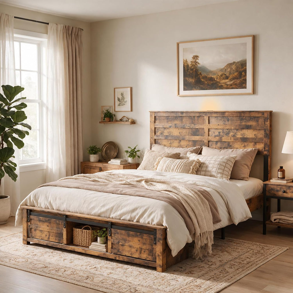 KEIKI Queen Size Bed Frame,Wood Platform Bed Frame with Storage Headboard