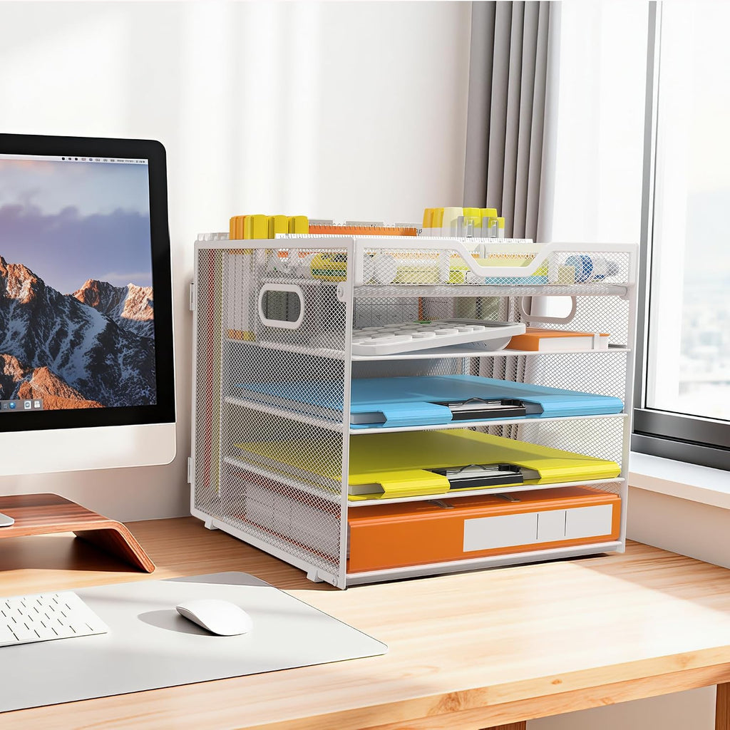 Docnest 5 Tier Desk Organizer with Hanging File Folder Holder&Tray, White