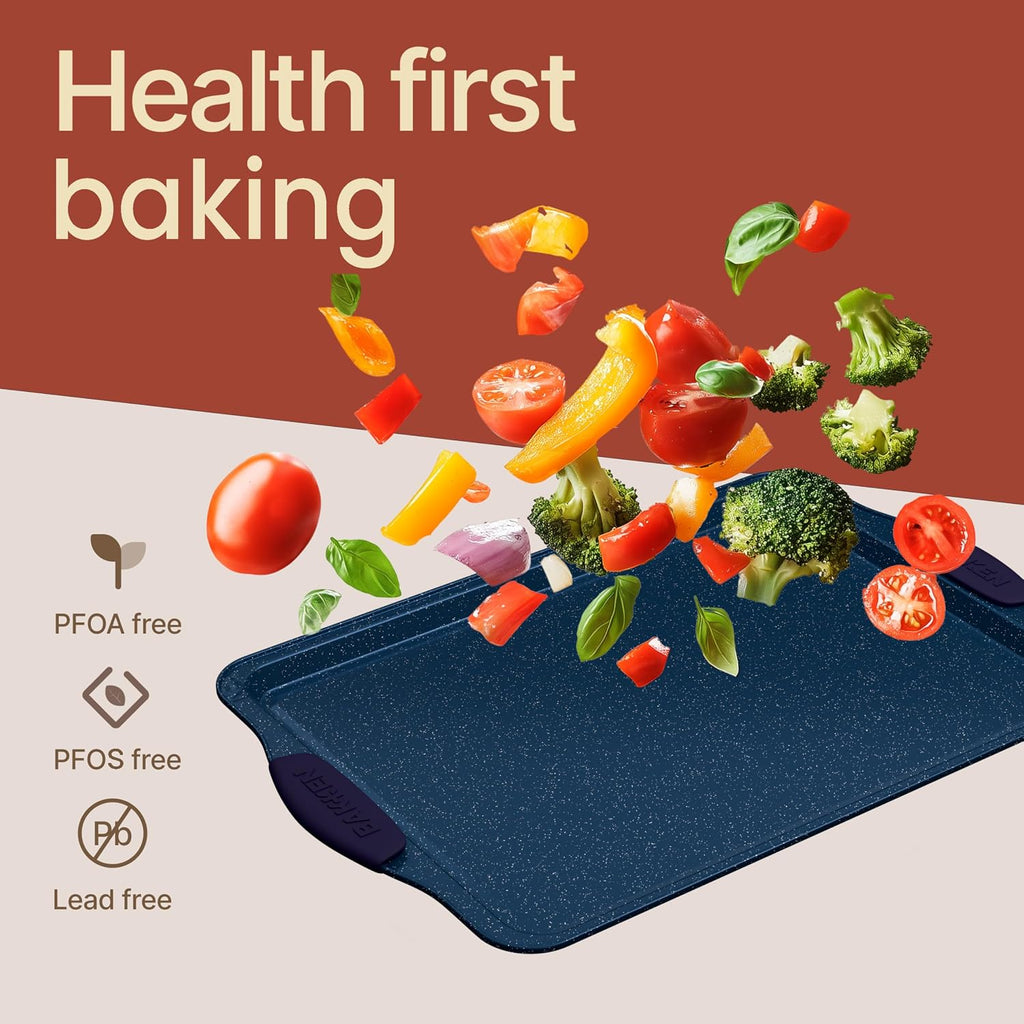 BAKKEN Kitchen Baking Pan Set - Nonstick Coating, Carbon Steel Bakeware Sets with Blue Silicone Handles, Baking Kitchen Essentials, PFOA, PFOS, PTFE Free, Oven Safe Tray (Up To 450° F), Set of 18