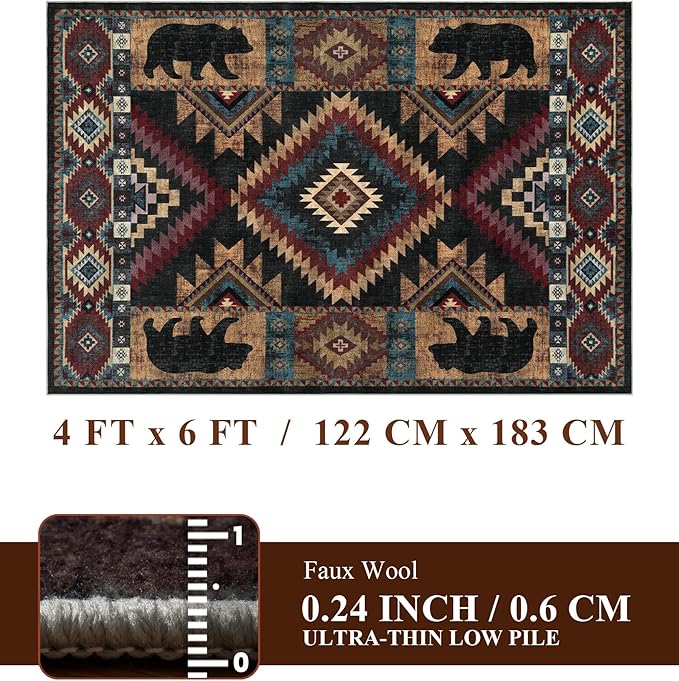YIHOUSE Rustic Cabin Area Rug 4x6, Machine Washable Lodge Bear Rug, Non-Slip - Image 2