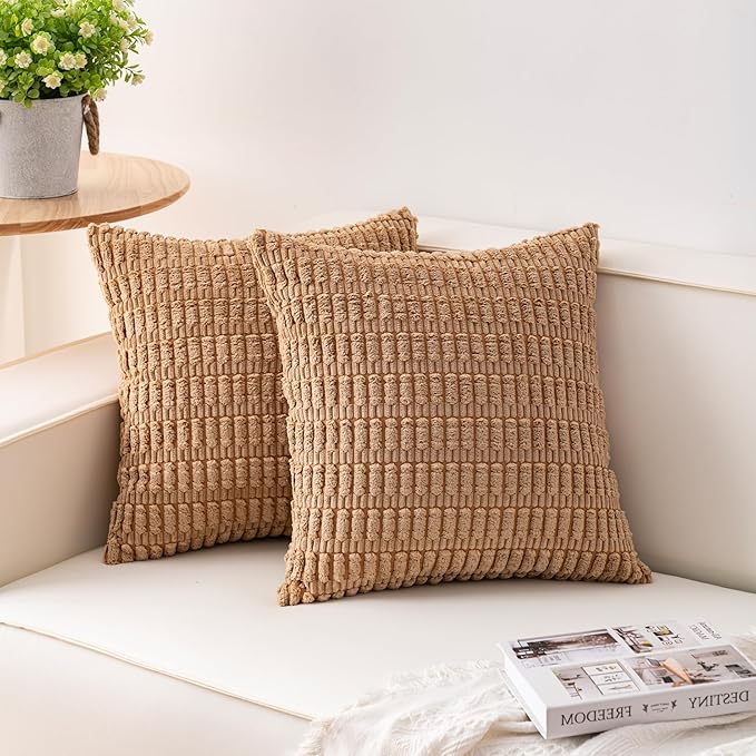 Pack of 2 Corduroy Decorative Throw Pillow Covers 18x18 InchSoft Boho Striped by Unknown