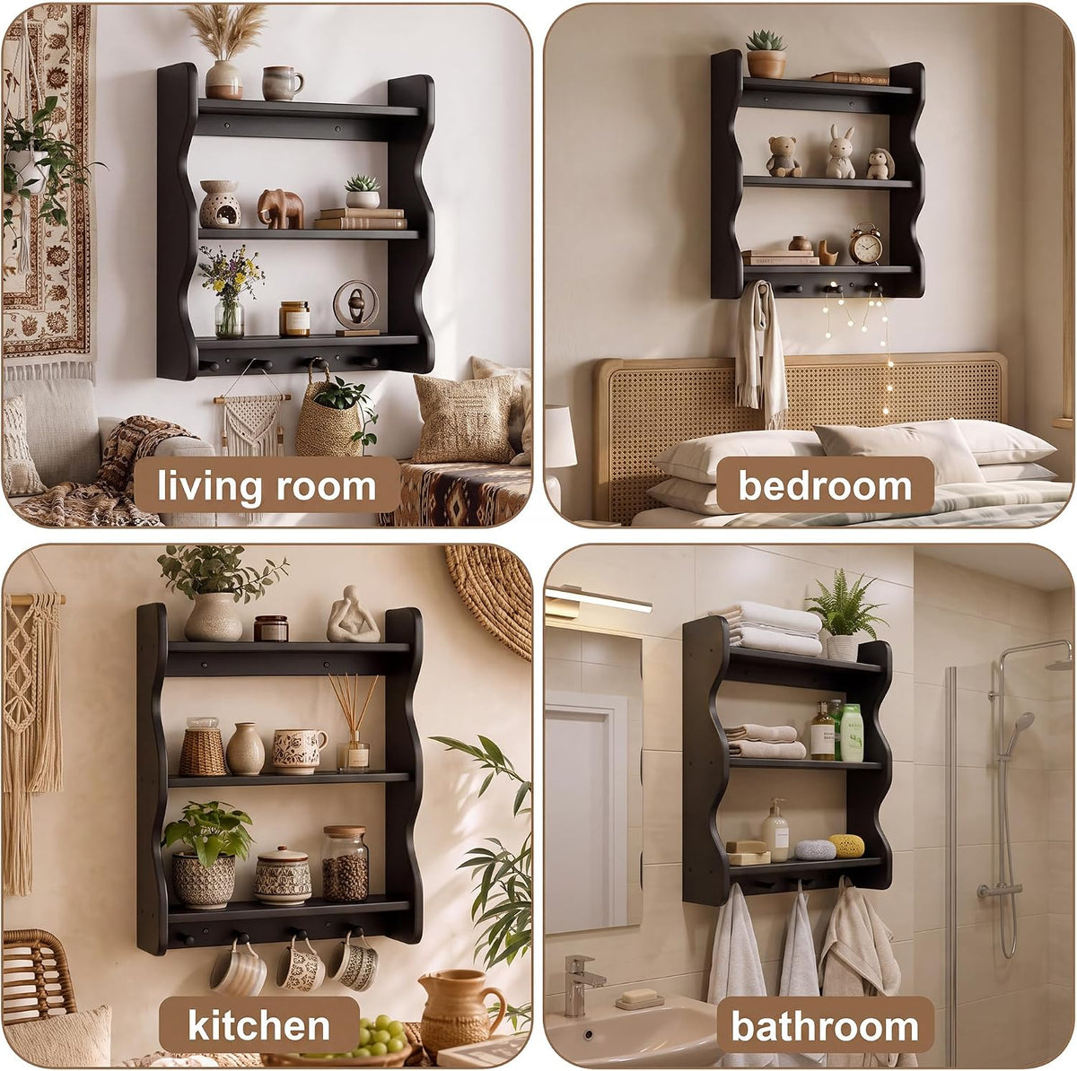3 Tier Wooden Floating Wall Shelves with Hooks, Rustic Farmhouse Wall Mounted Storage Shelf, Decorative Curved Side Wall Organizer Display Rack for Bedroom, Bathroom, Living Room, Kitchen, Black