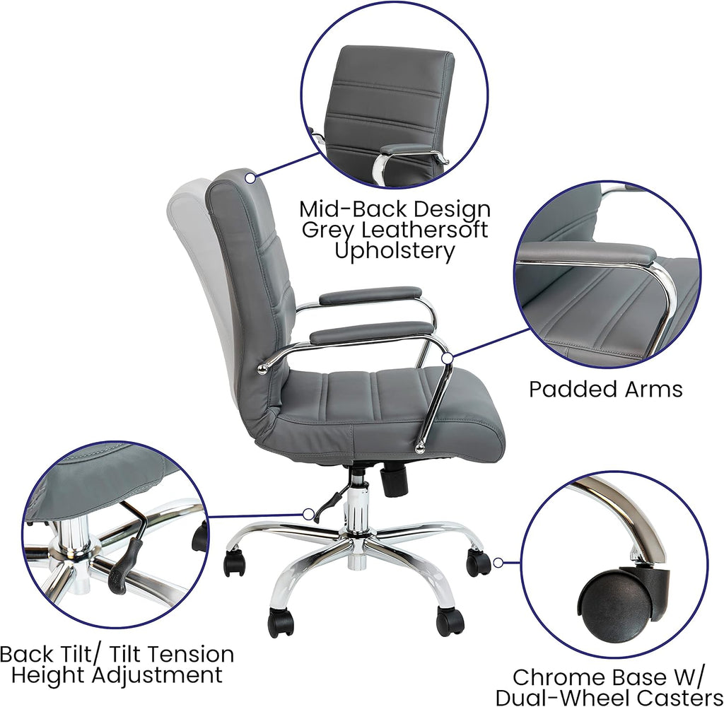 Flash Furniture Mid-Back LeatherSoft Executive Office Chair, Gray/Chrome