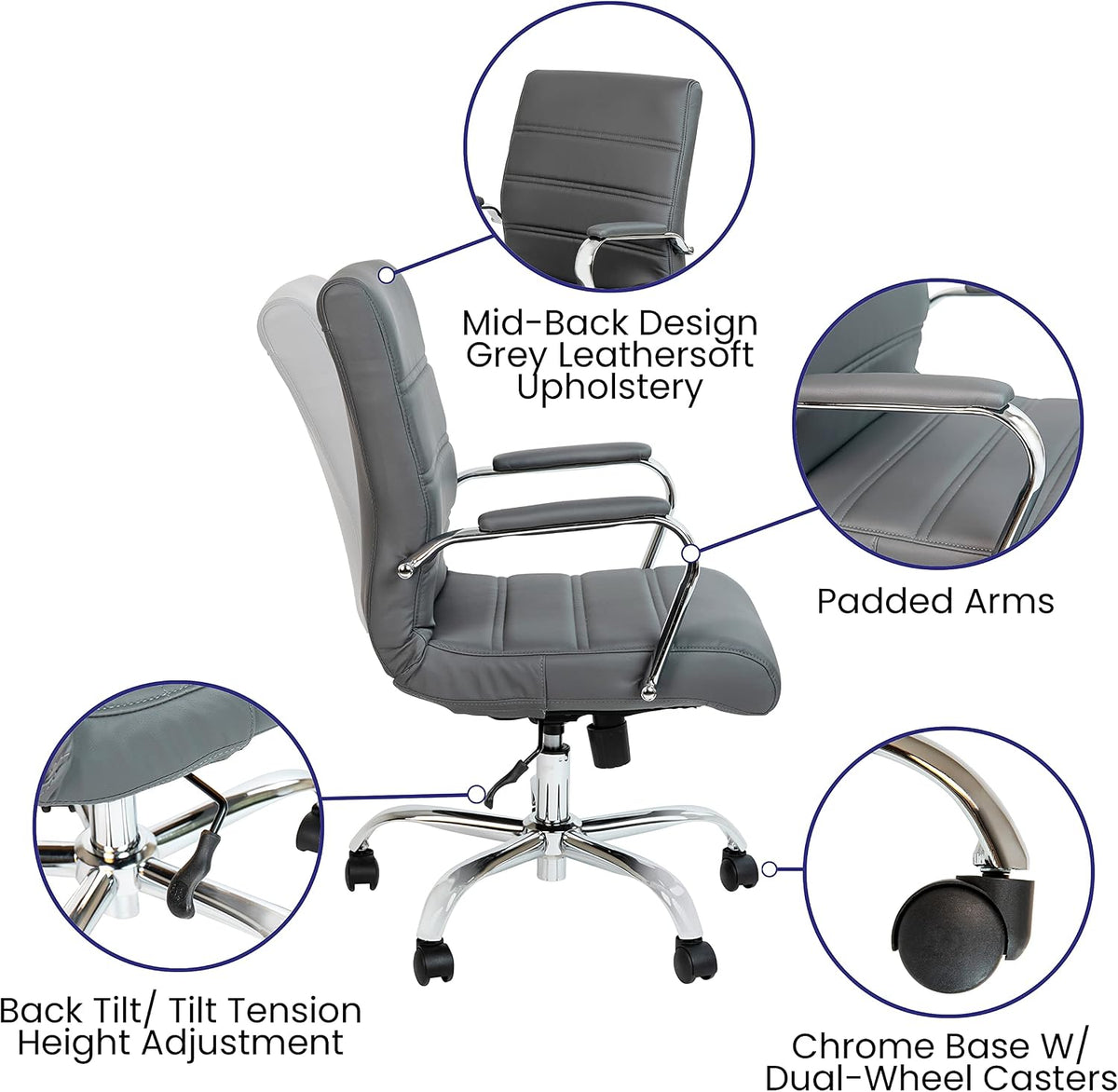 Flash Furniture Mid-Back LeatherSoft Executive Office Chair, Gray/Chrome