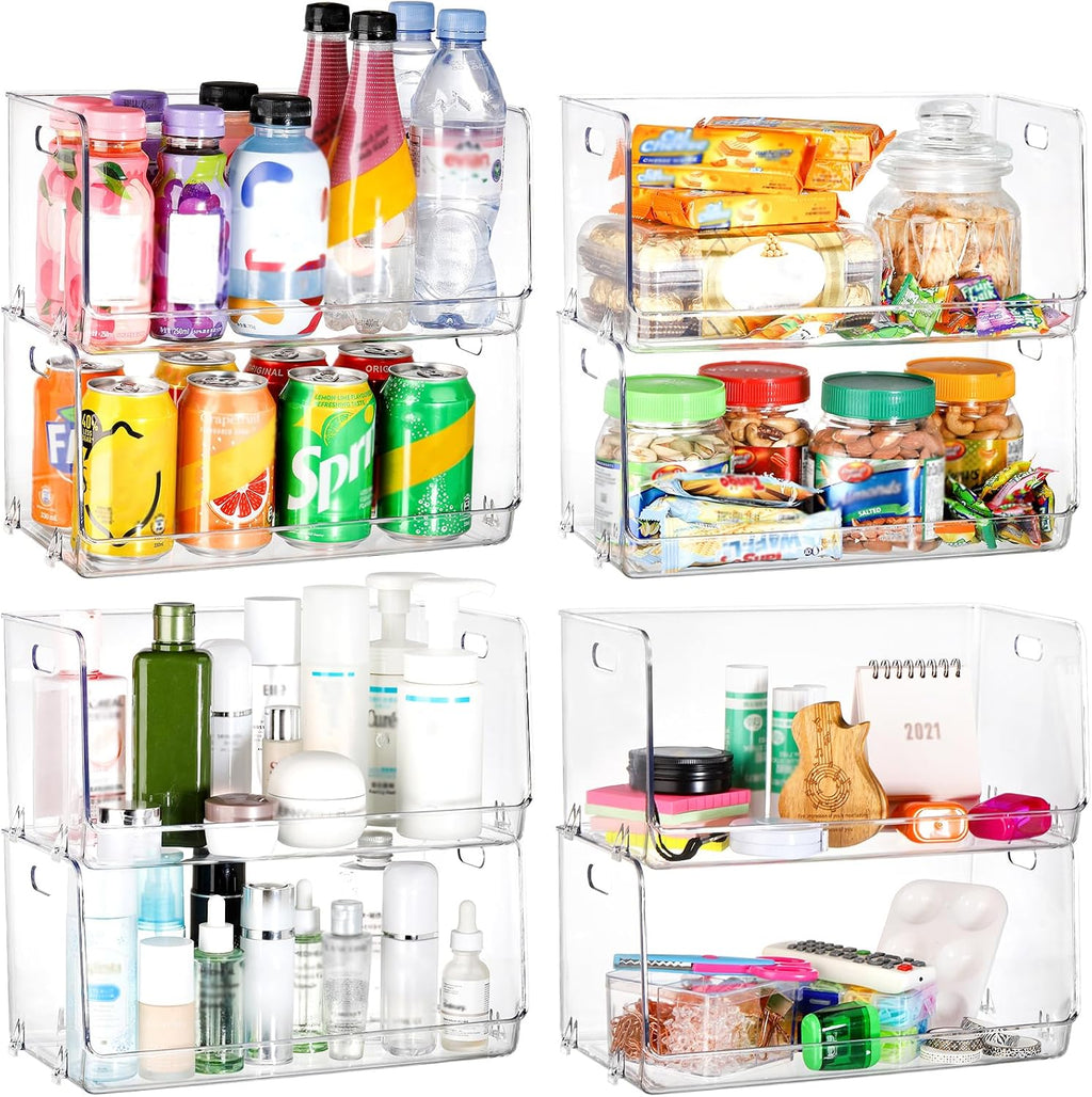 Nicunom 2 Pack Stackable Plastic Storage Bins Open Front, Clear Pantry Organizer Bin Household Food Storage Bin for Kitchen Countertops Cabinet Shelf
