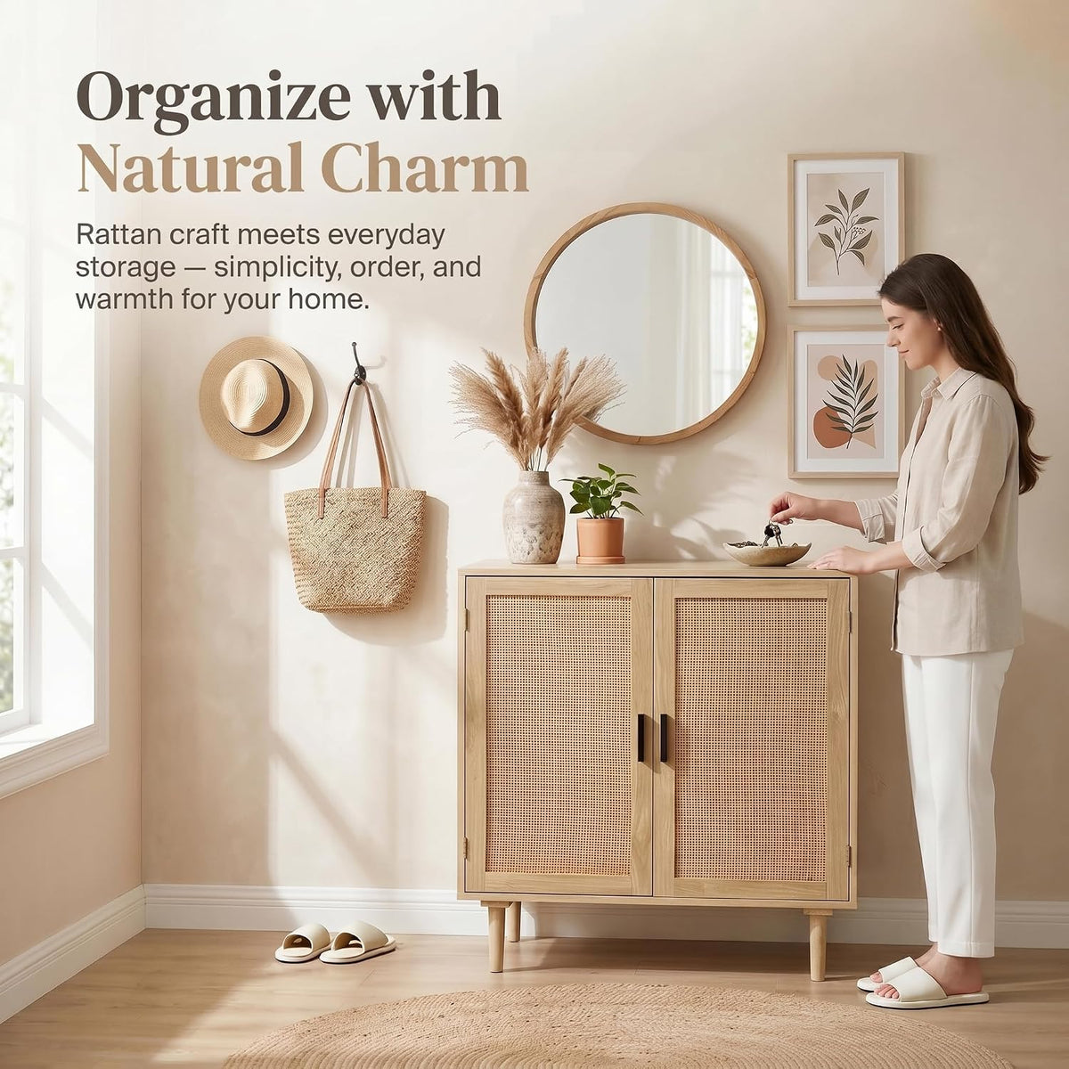 Finnhomy Sideboard Buffet Cabinet, Kitchen Storage Sideboard with Rattan Decorated Doors, Liquor Coffee Buffet, Dining Room, Hallway, Console Table, Accent Cabinet, 31.5X 15.8X 34.6 Inches, Natural