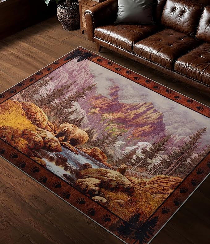 YIHOUSE Rustic Cabin Area Rug for Bedroom 4x6, Machine Washable Forest Bear Rug by YIHOUSE