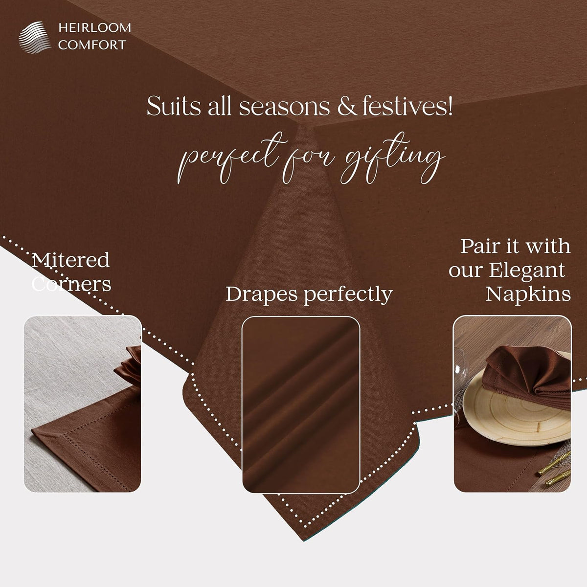 Brown Cotton Tablecloth, Table Cover 60x84 Inch, Fits 6-8 Seats, Soft, Durable, Washable, Wrinkle Resistant, Rectangle Table Cloth for Dining, Holiday Gatherings, Dinner, Weddings