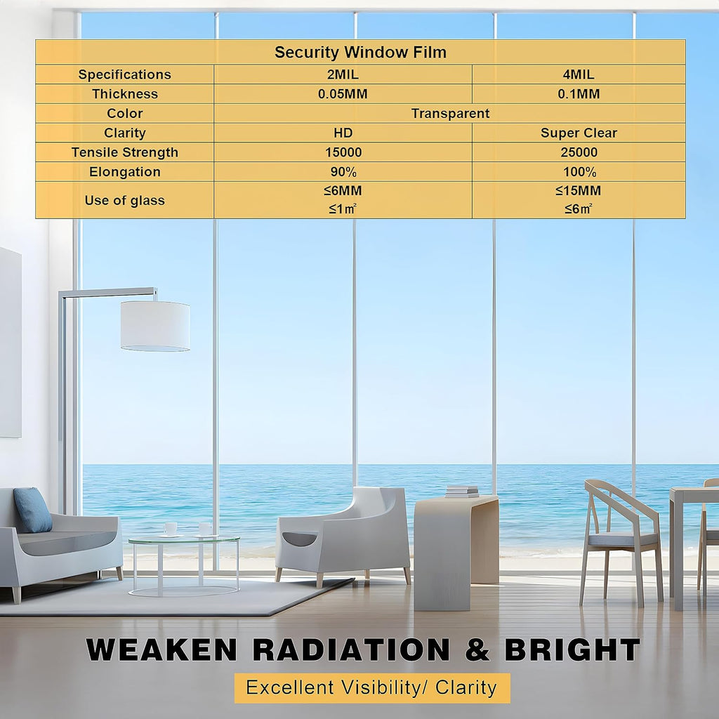 Security Window Film, Transparent Self-Adhesive Shatterproof Film, 4Mil Anti Shatter Tempered Glass Film, Glass Protective Window Film for Home/Office