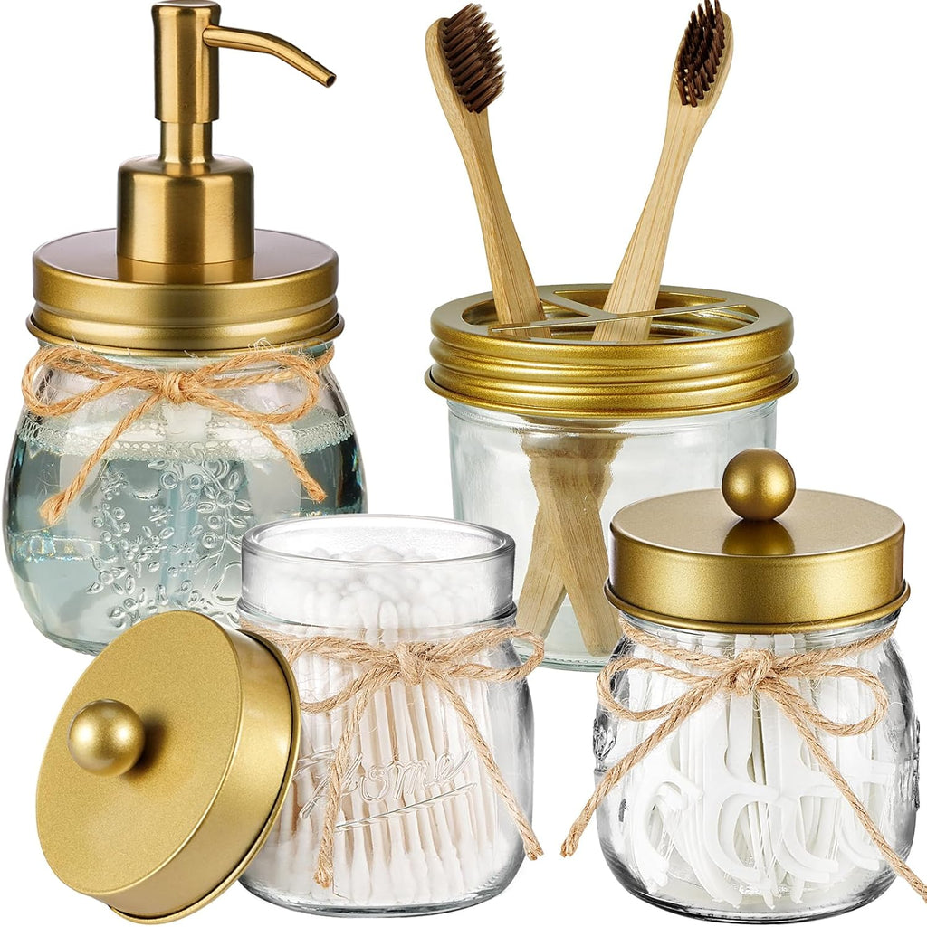 Amolliar Glass Mason Jar Bathroom Accessories Set 4 Pcs (Bronze)