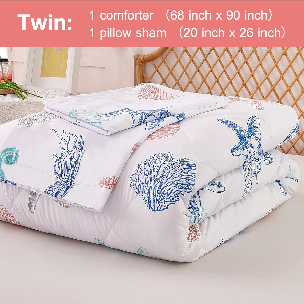 JSD Beach Theme Kids Comforter Set Twin Size, Jellyfish Starfish Shell Pattern