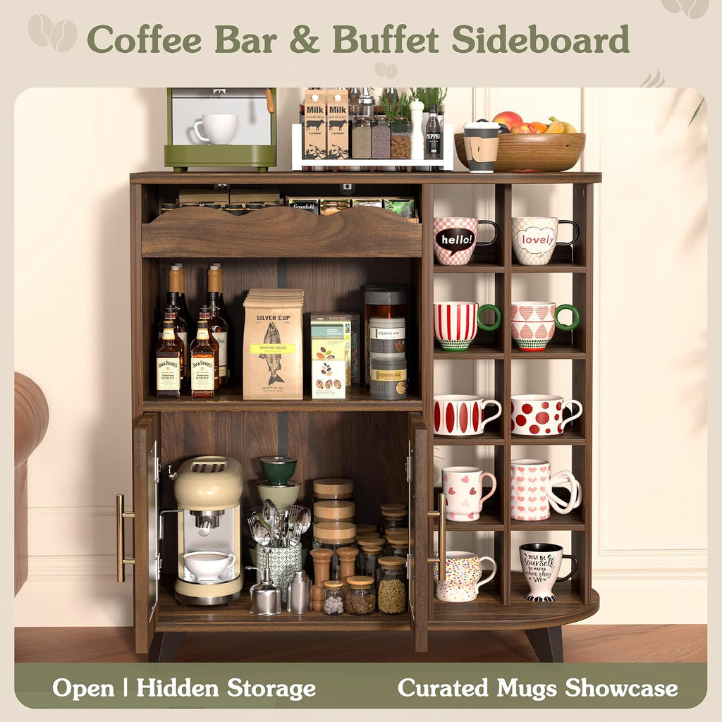 VINAEMO Coffee Bar Cabinet with 24-Cup Display, Large Drawer & Storage,Modern Buffet Sideboard for Kitchen, Medium Wooden Bar Station for Apartment，Walnut