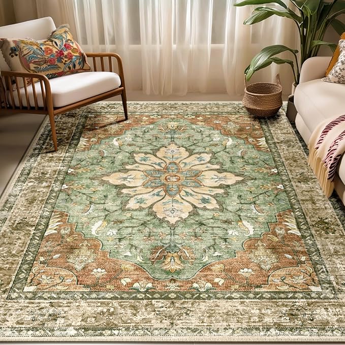 Area Rugs 5'x7' Washable Non-Slip, Floral Vintage Distress Print Pattern by RELEANY