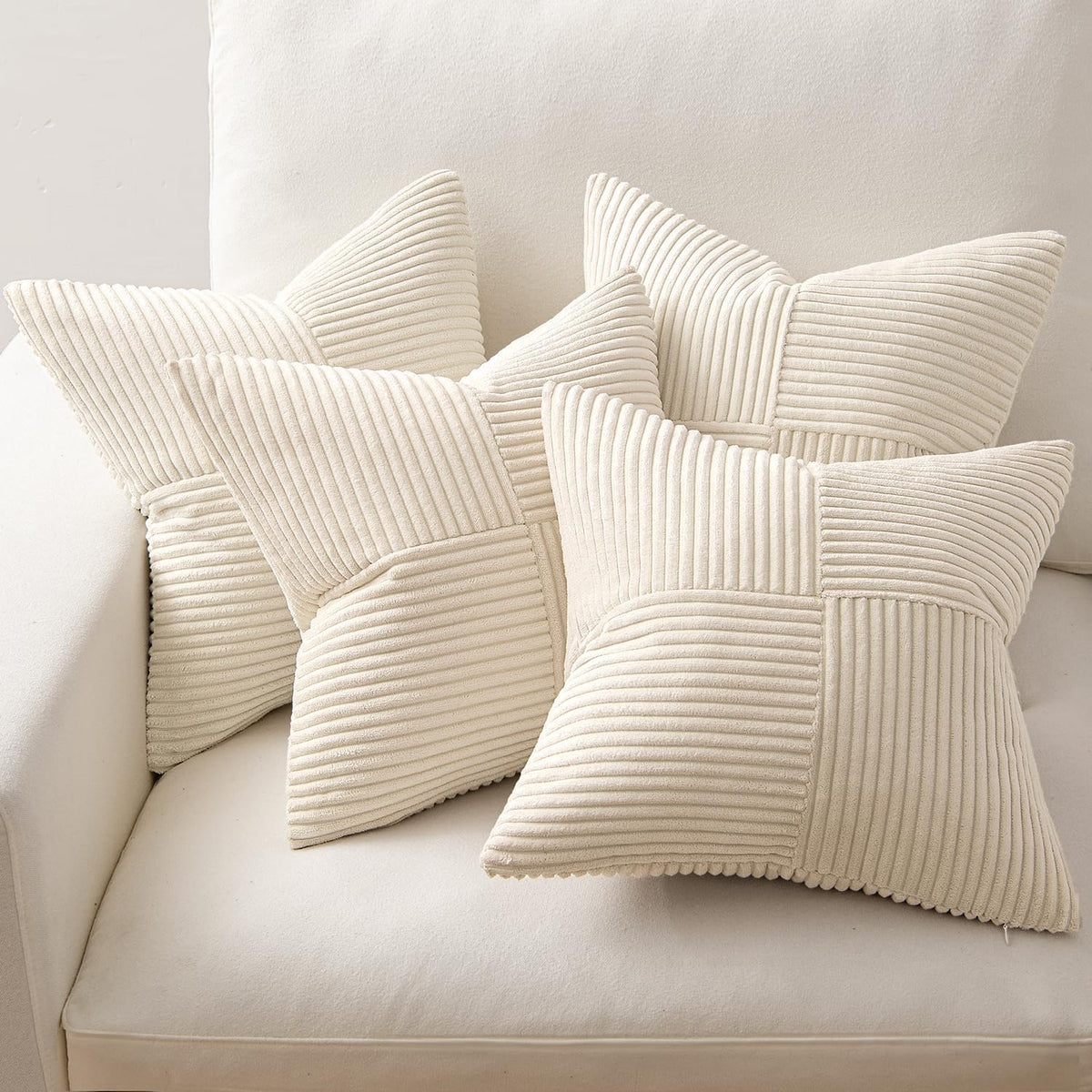 MIULEE Beige Throw Pillow Covers 16x16 Inch Set of 4 Boho Patchwork Cushion Cases Modern Farmhouse Pillow Cases with Invisible Zipper Corduroy Striped Home Decor for Couch Sofa Bedroom