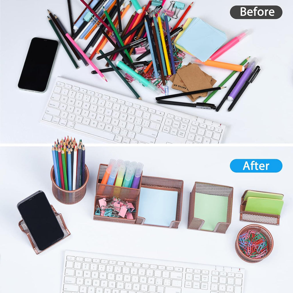 Desk Organizers Set with Mesh Pen Holder Cup, Rose Gold