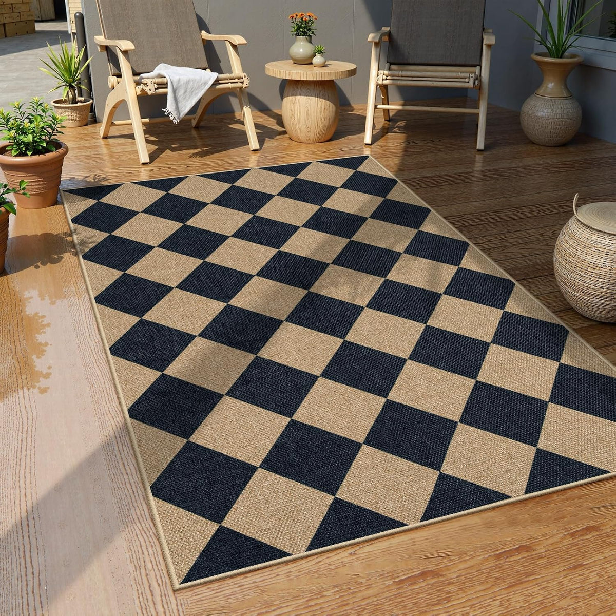 Lahome Checkered Easy Jute 3x5 Entryway Front Porch Rug, Black Diamond Indoor Outdoor Patio Layering Rug, Washable Farmhouse Neutral Non Slip Non Shedding Door Carpet for Backyard Blacony