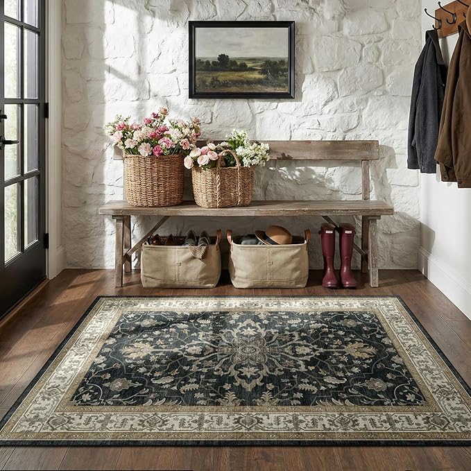 Area Rugs 3'x5' Washable Non-Slip, Floral Vintage Distress Print Pattern - Image 2