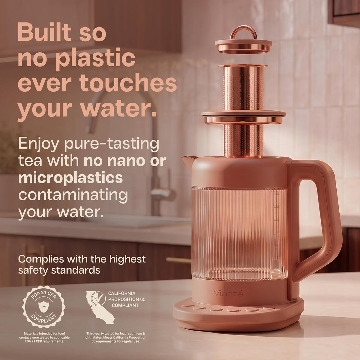 Viante Nina Electric Tea Kettle with Infuser, No Plastic In Contact With Water, 1.5L Borosilicate Glass, 304 Stainless Steel, 4 Temp Presets, Keep Warm, Cordless, Auto Shut-Off, Terracotta