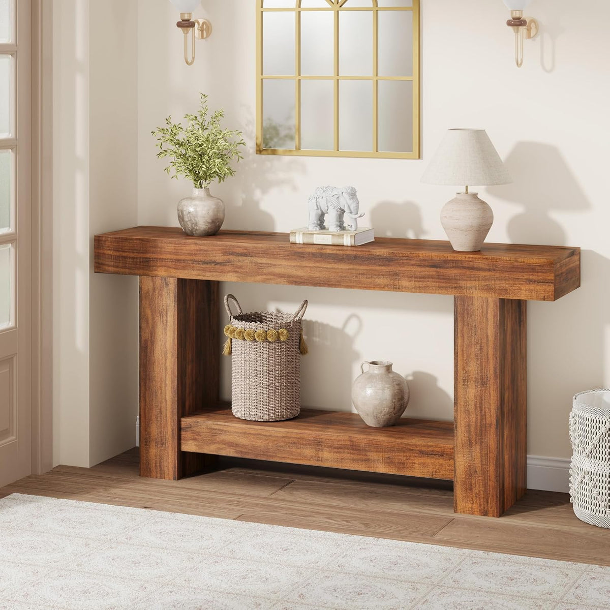 Garvee 63" Farmhouse 2-Tier Console Table for Entryway, Retro Brown